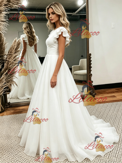 White Scoop Neck Backless Wedding Dress
