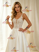 Beige White Satin Straps Appliques Wedding Dress