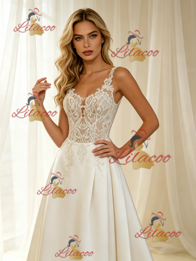 Beige White Satin Straps Appliques Wedding Dress