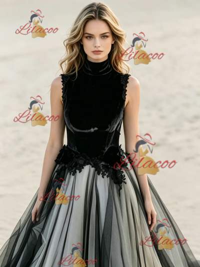 Black Tulle High Neck Appliques Wedding Dress