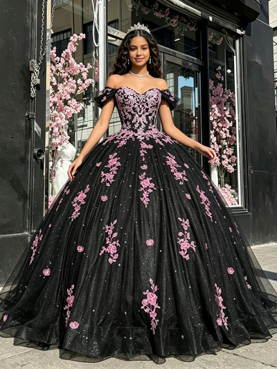 Black Tulle Off the Shoulder Appliques Quinceanera Dress