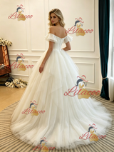 Beige White Tulle Off the Shoulder Wedding Dress