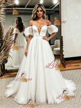 White Tulle Off the Shoulder Puff Sleeve Wedding Dress