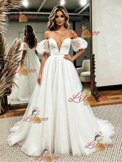 White Tulle Off the Shoulder Puff Sleeve Wedding Dress