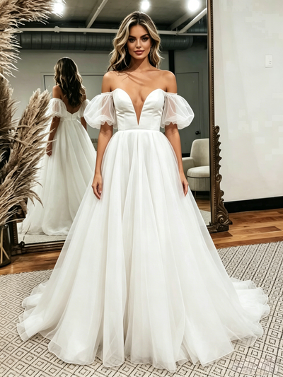 White Tulle Off the Shoulder Puff Sleeve Wedding Dress