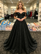 Black Sequins Off the Shoulder Prom Dress