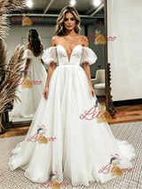 White Tulle Off the Shoulder Puff Sleeve Wedding Dress