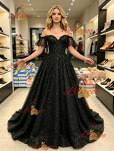 Black Sequins Off the Shoulder Prom Dress