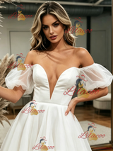 White Tulle Off the Shoulder Puff Sleeve Wedding Dress