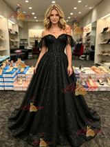 Black Sequins Off the Shoulder Prom Dress