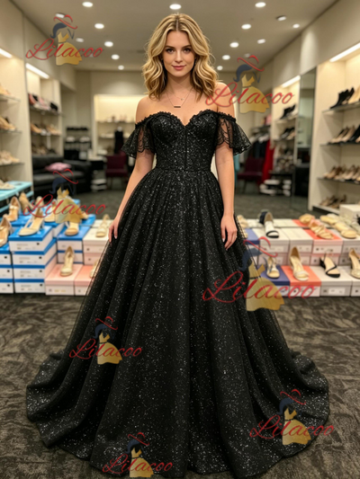 Black Sequins Off the Shoulder Prom Dress