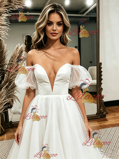 White Tulle Off the Shoulder Puff Sleeve Wedding Dress
