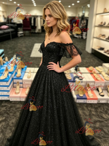 Black Sequins Off the Shoulder Prom Dress