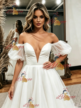 White Tulle Off the Shoulder Puff Sleeve Wedding Dress