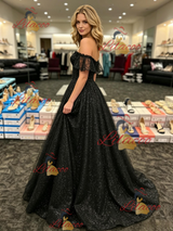 Black Sequins Off the Shoulder Prom Dress