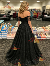 Black Sequins Off the Shoulder Prom Dress