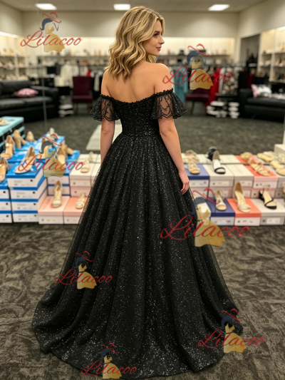 Black Sequins Off the Shoulder Prom Dress