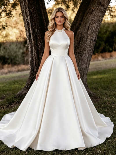 White Satin Halter Backless Wedding Dress