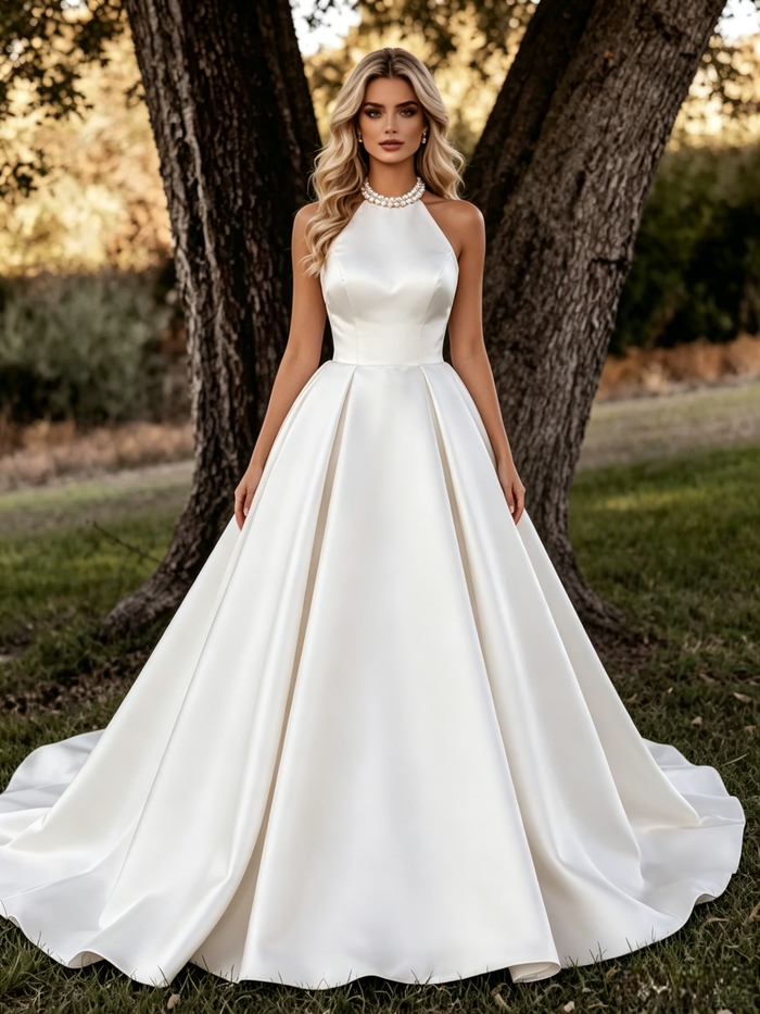 White Satin Halter Backless Wedding Dress