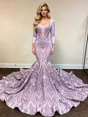 Purple Mermaid Sequins Long Sleeve Prom Dress