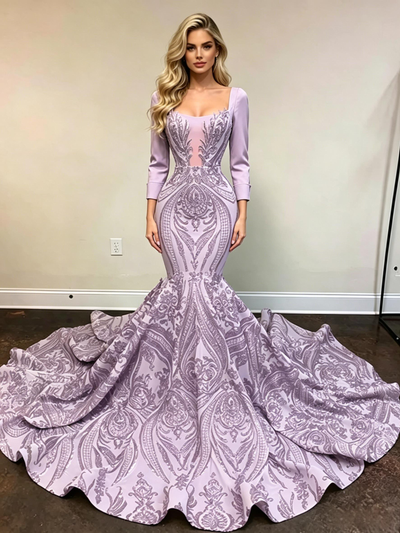 Purple Mermaid Sequins Long Sleeve Prom Dress