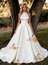 White Satin Halter Backless Wedding Dress