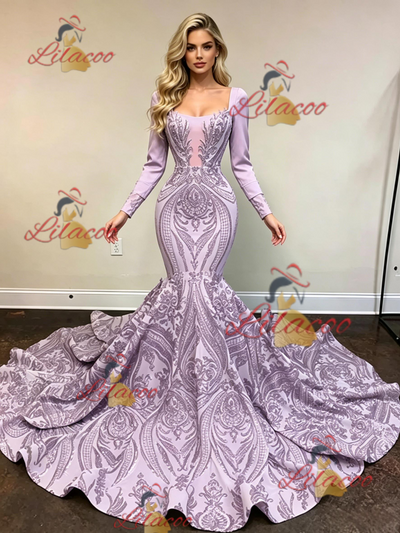 Purple Mermaid Sequins Long Sleeve Prom Dress