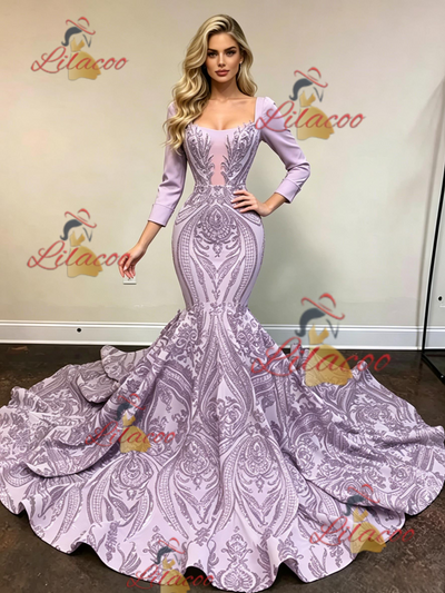 Purple Mermaid Sequins Long Sleeve Prom Dress