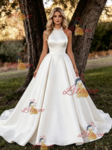 White Satin Halter Backless Wedding Dress