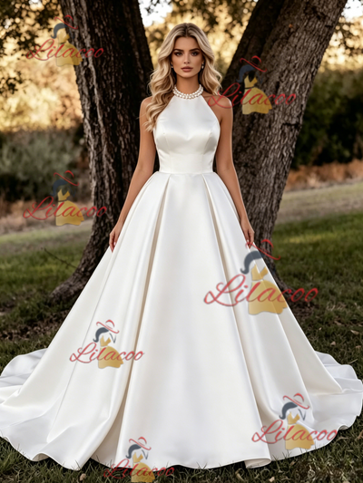White Satin Halter Backless Wedding Dress