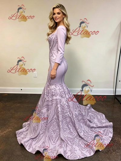 Purple Mermaid Sequins Long Sleeve Prom Dress