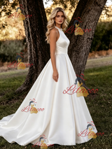White Satin Halter Backless Wedding Dress