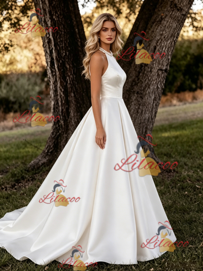 White Satin Halter Backless Wedding Dress