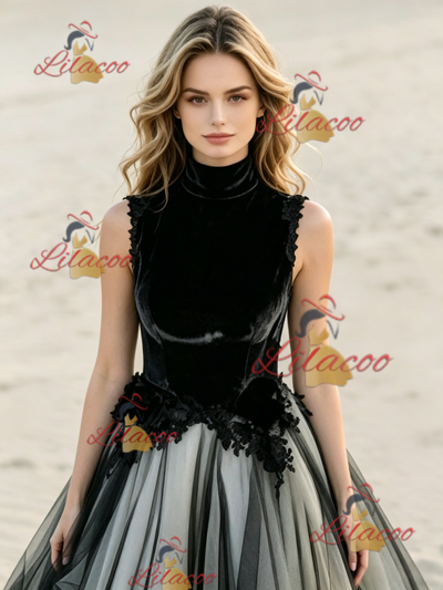 Black Tulle High Neck Appliques Wedding Dress