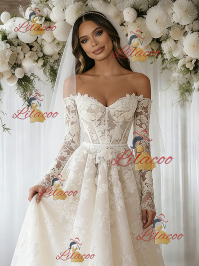 Beige White Tulle Lace Long Sleeve Wedding Dress