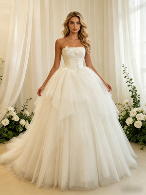 Beige White Tulle Strapless Wedding Dress