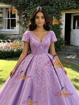 Purple V-neck Short Sleeve Appliques Quinceanera Dress