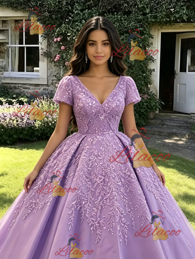 Purple V-neck Short Sleeve Appliques Quinceanera Dress
