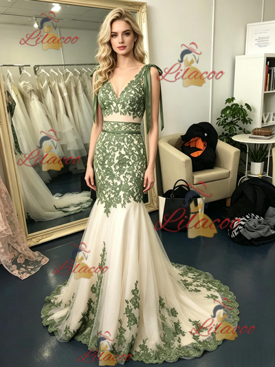 Mermaid Tulle Appliques V-neck Prom Dress