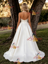 White Satin Halter Backless Wedding Dress