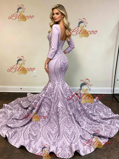 Purple Mermaid Sequins Long Sleeve Prom Dress