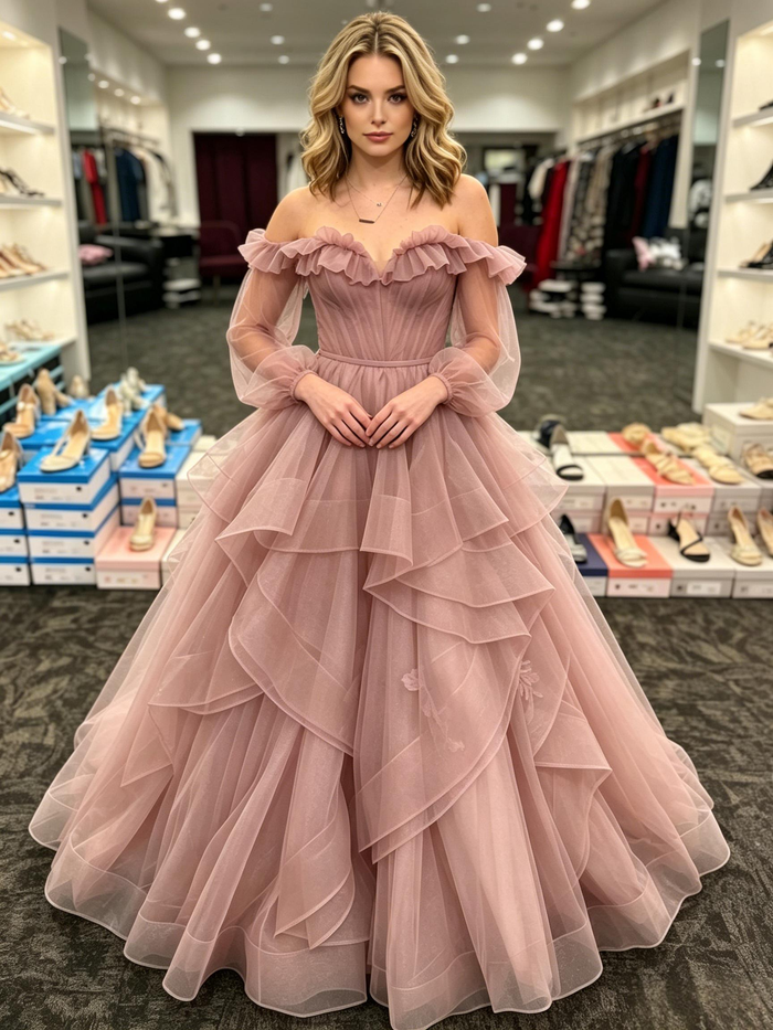 Pink Tulle Long Sleeve Pleats Prom Dress