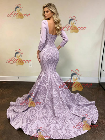 Purple Mermaid Sequins Long Sleeve Prom Dress