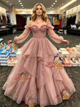Pink Tulle Long Sleeve Pleats Prom Dress