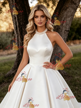 White Satin Halter Backless Wedding Dress