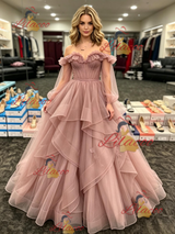Pink Tulle Long Sleeve Pleats Prom Dress