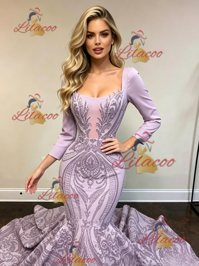 Purple Mermaid Sequins Long Sleeve Prom Dress