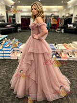 Pink Tulle Long Sleeve Pleats Prom Dress