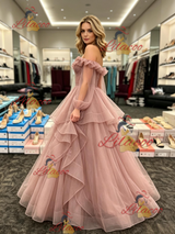 Pink Tulle Long Sleeve Pleats Prom Dress