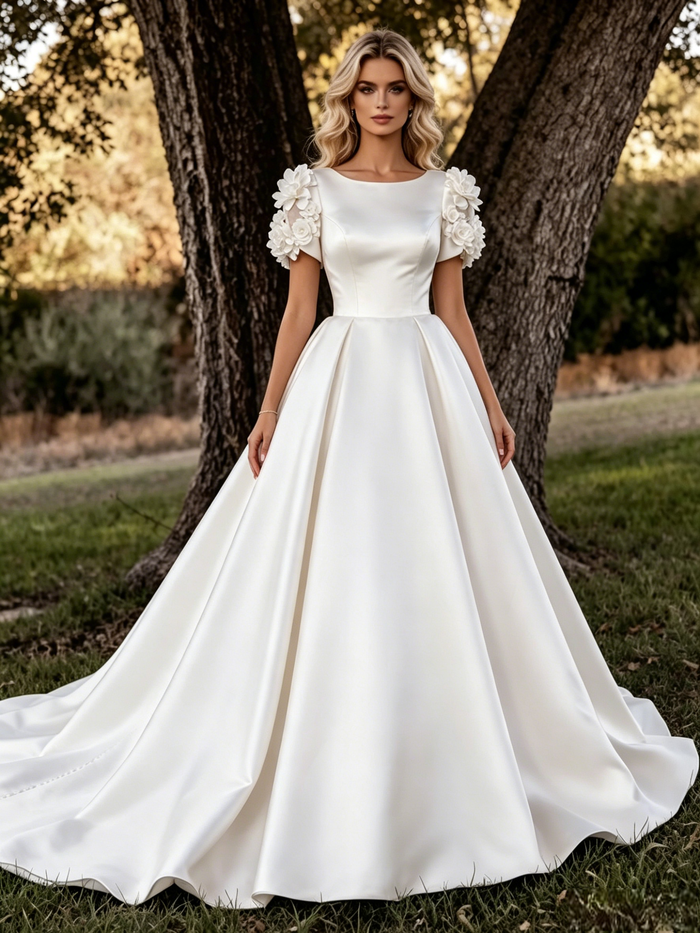 White Satin Short Sleeve Flower Wedding Dress